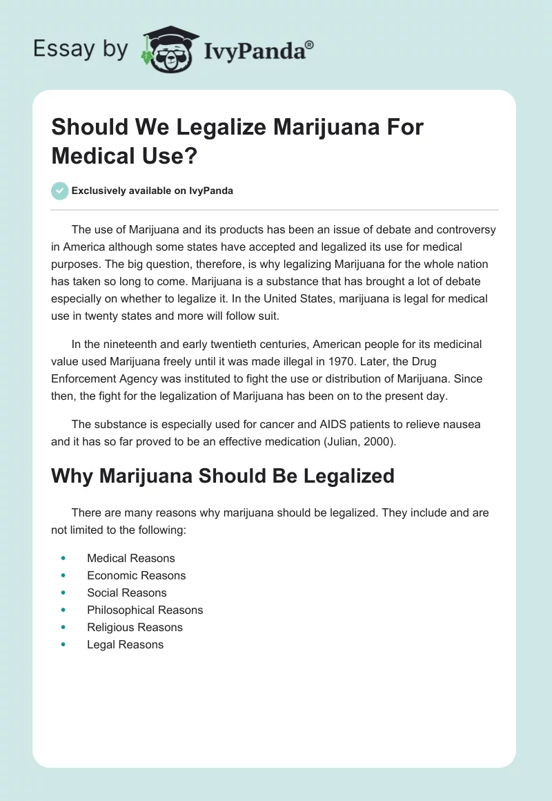 Should We Legalize Marijuana For Medical Use?. Page 1
