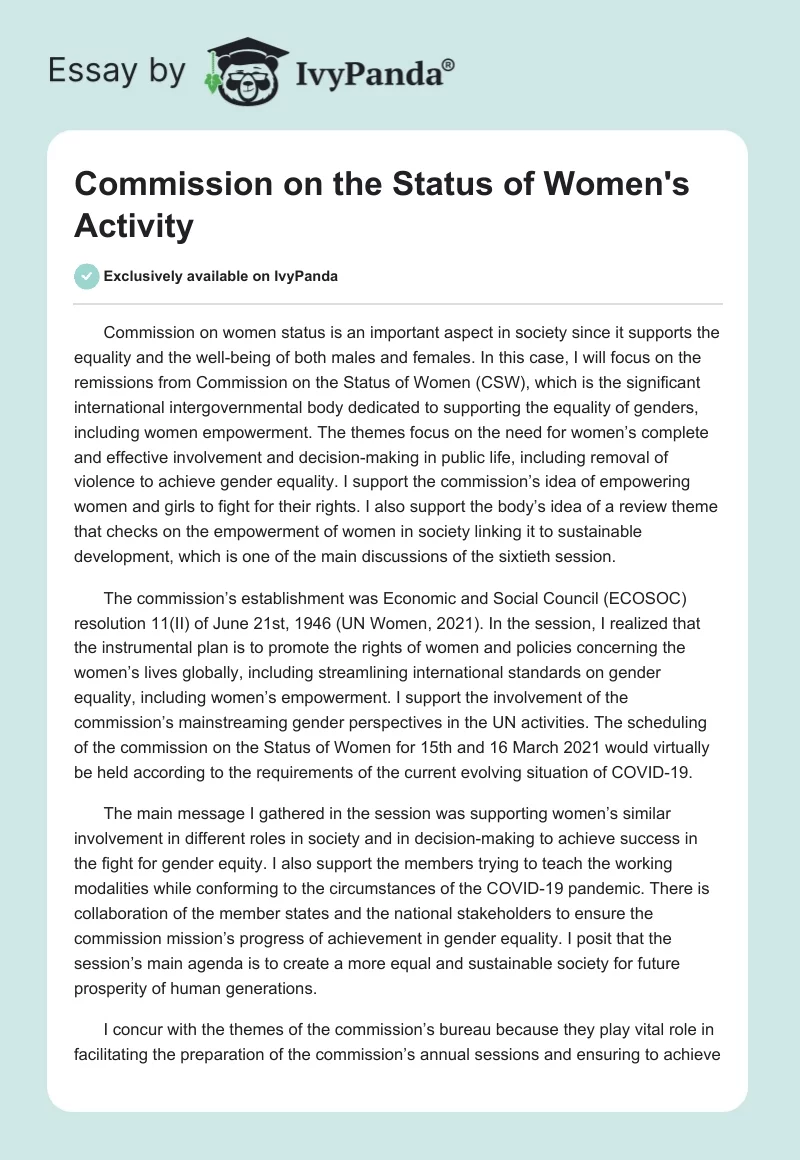 Commission on the Status of Women's Activity. Page 1