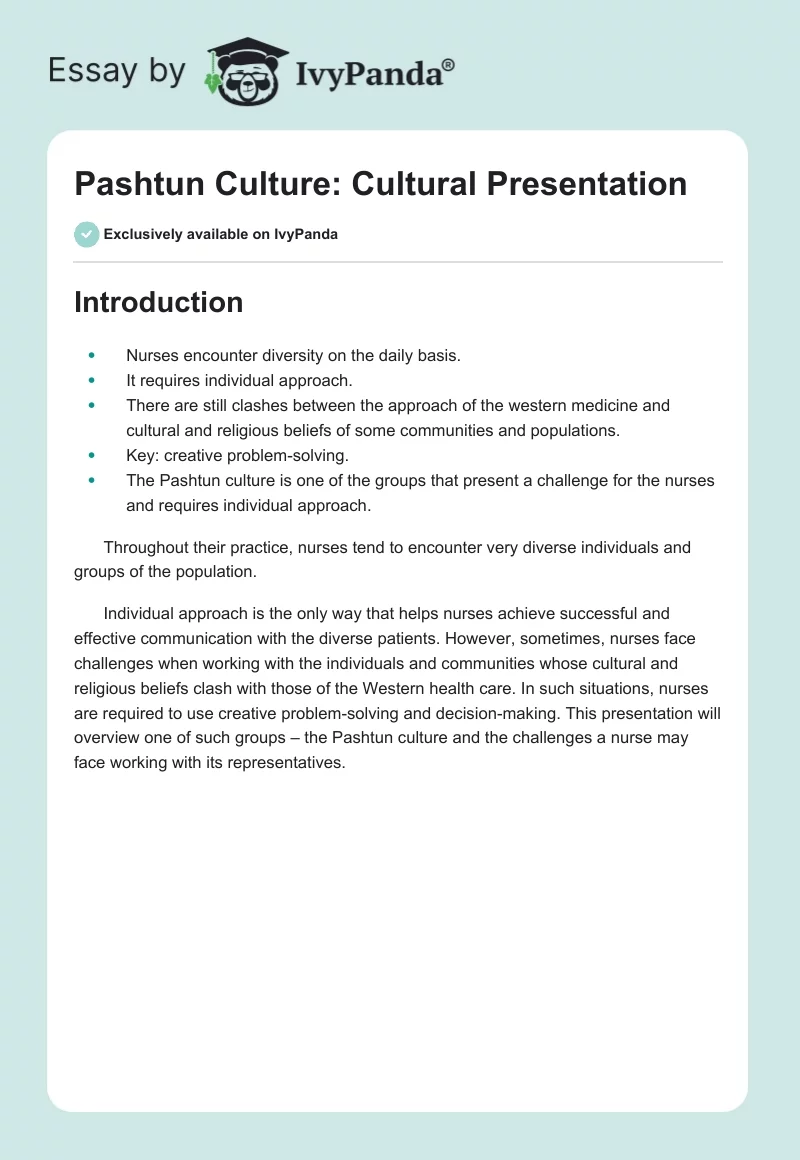 Pashtun Culture: Cultural Presentation. Page 1