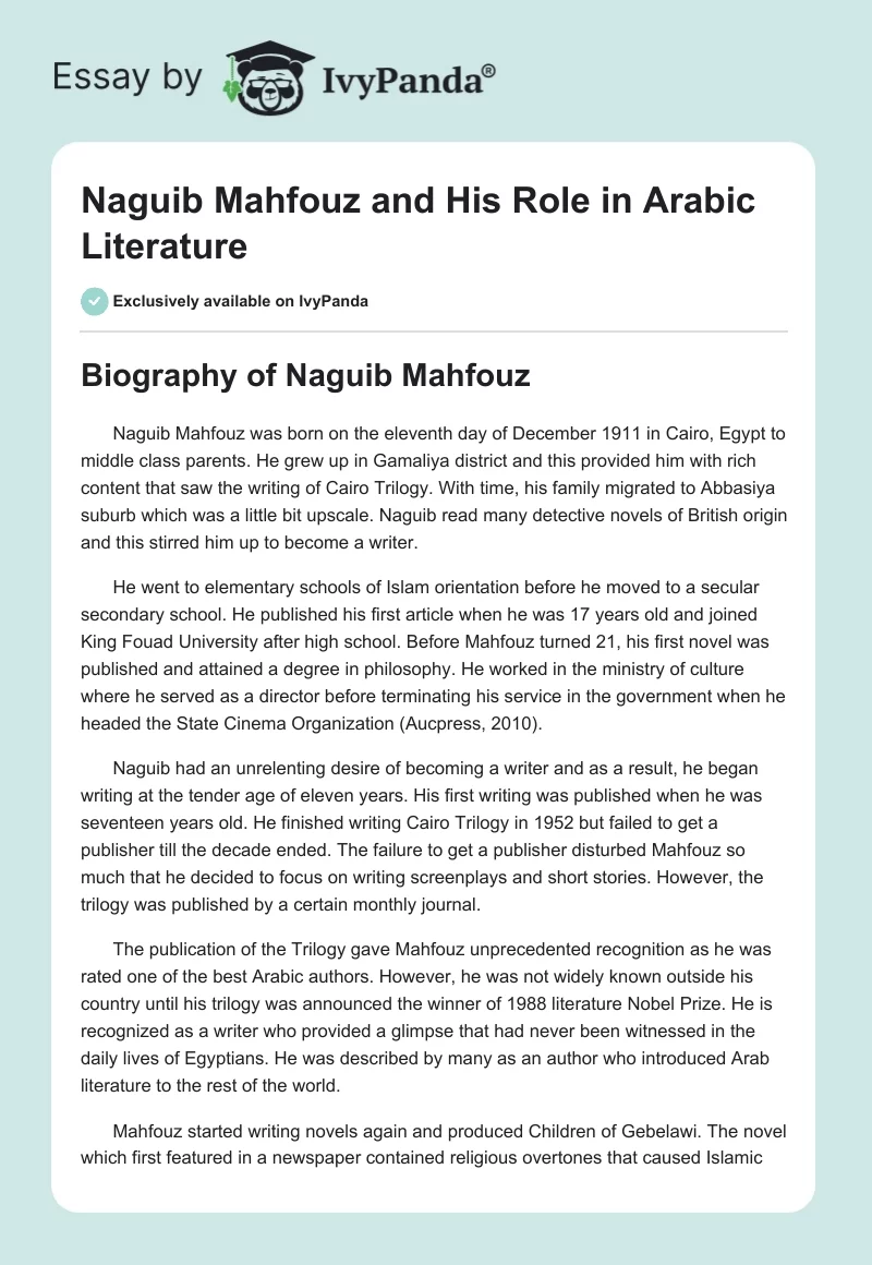 Naguib Mahfouz and His Role in Arabic Literature. Page 1