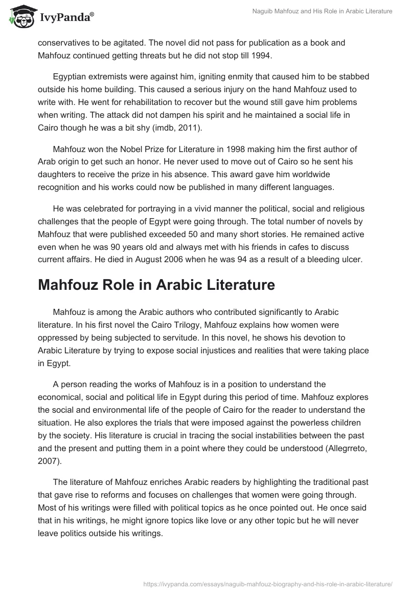 Naguib Mahfouz and His Role in Arabic Literature. Page 2