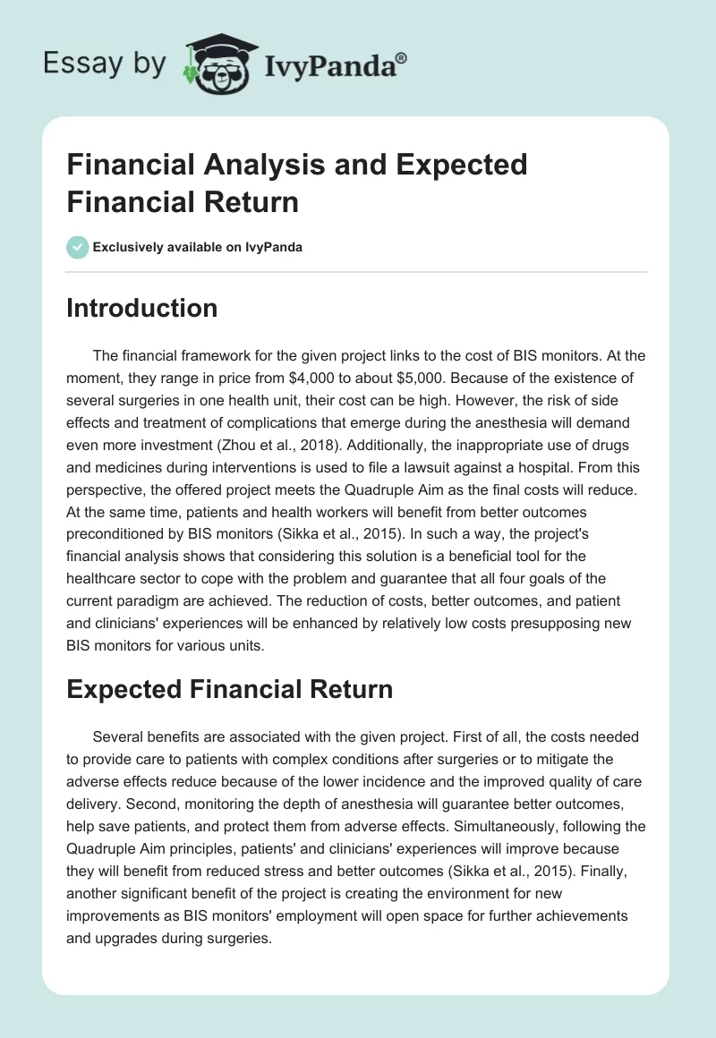 Financial Analysis and Expected Financial Return. Page 1