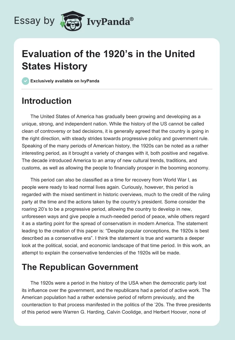 Evaluation of the 1920’s in the United States History. Page 1