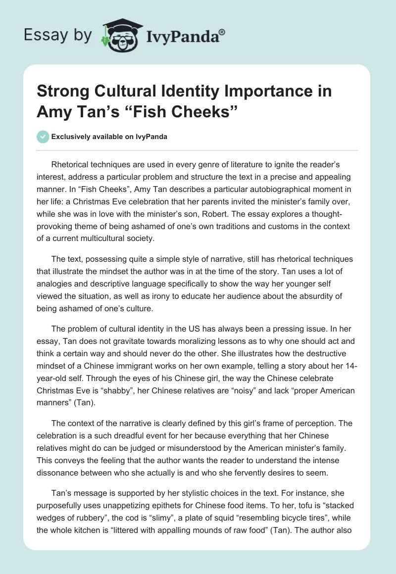 Strong Cultural Identity Importance in Amy Tan’s “Fish Cheeks”. Page 1