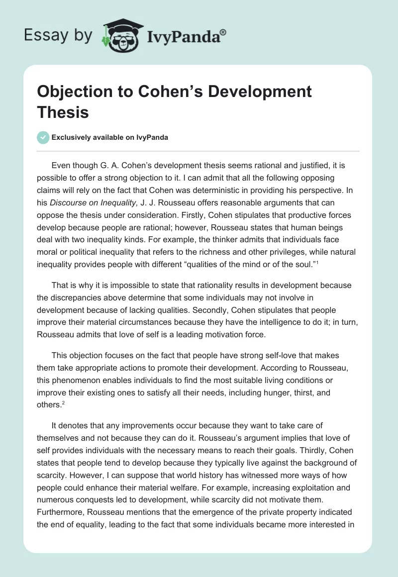 Objection to Cohen’s Development Thesis. Page 1