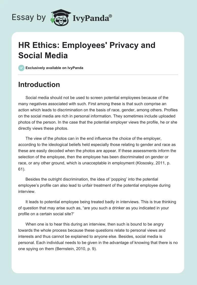 HR Ethics: Employees' Privacy and Social Media. Page 1