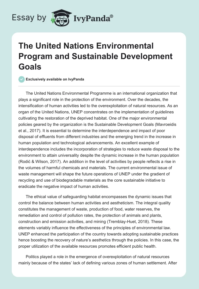The United Nations Environmental Program and Sustainable Development Goals. Page 1