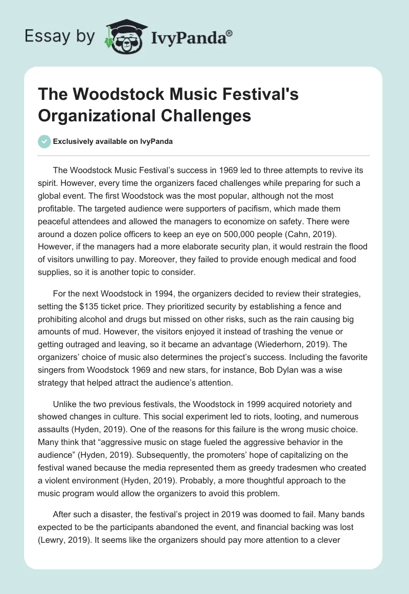 The Woodstock Music Festival's Organizational Challenges. Page 1