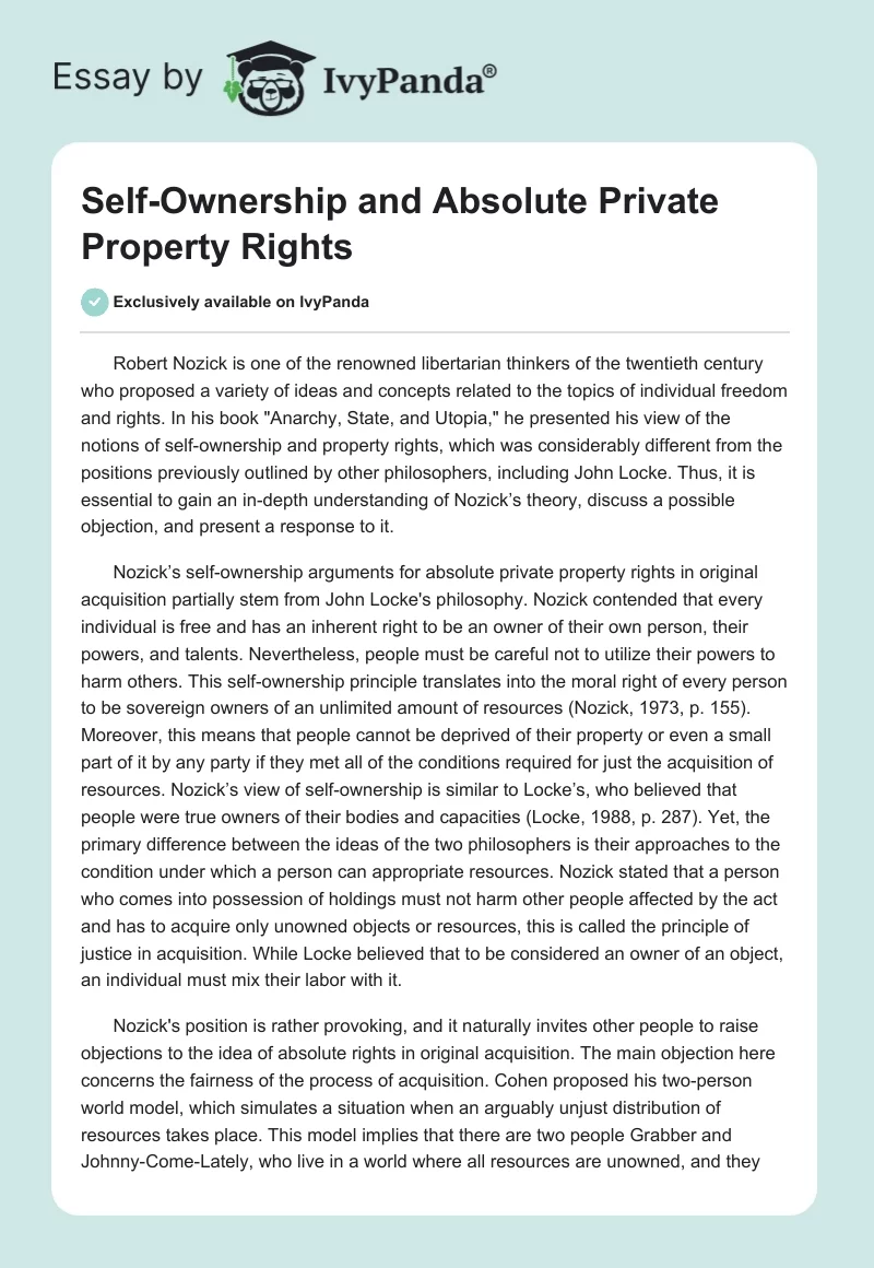 Self-Ownership and Absolute Private Property Rights. Page 1