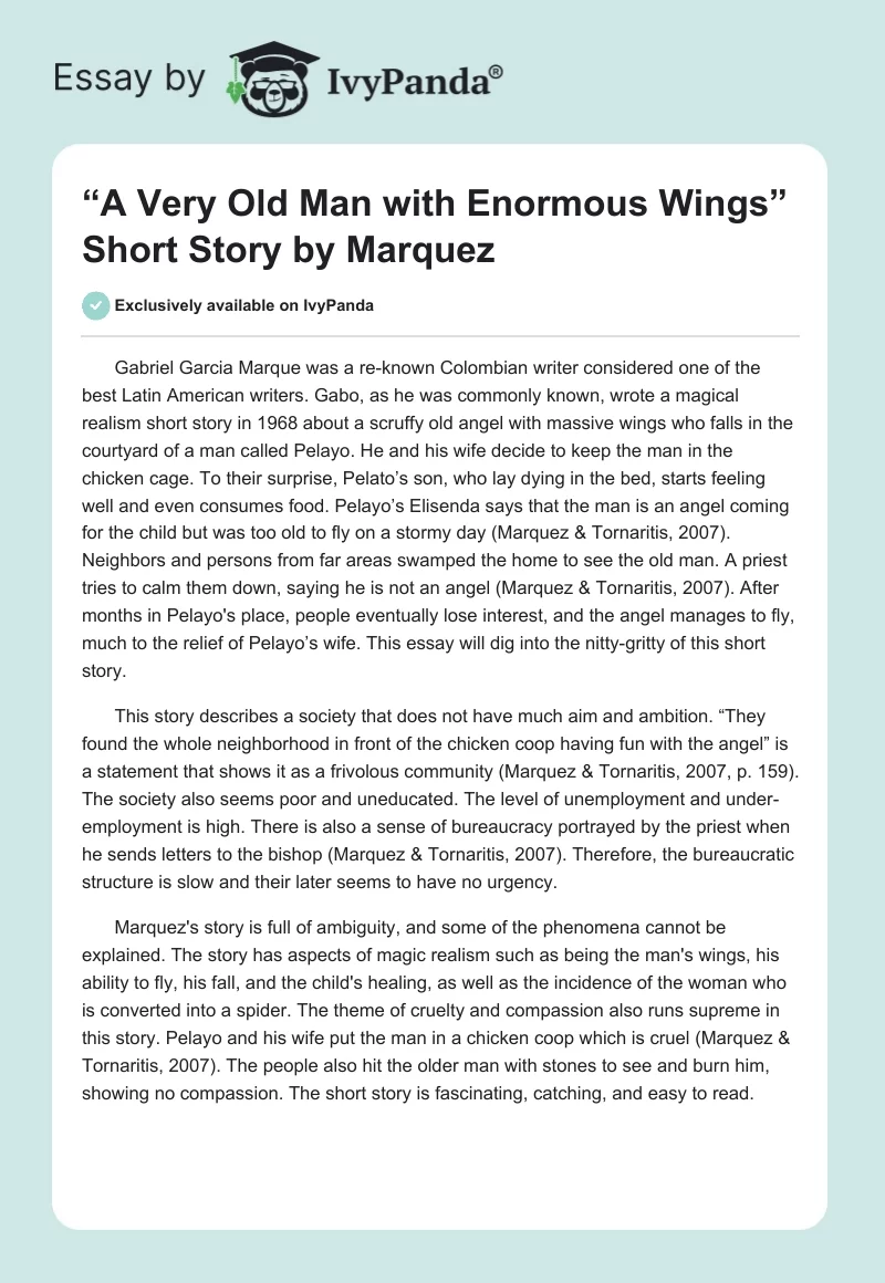 “A Very Old Man With Enormous Wings” Short Story by Marquez. Page 1