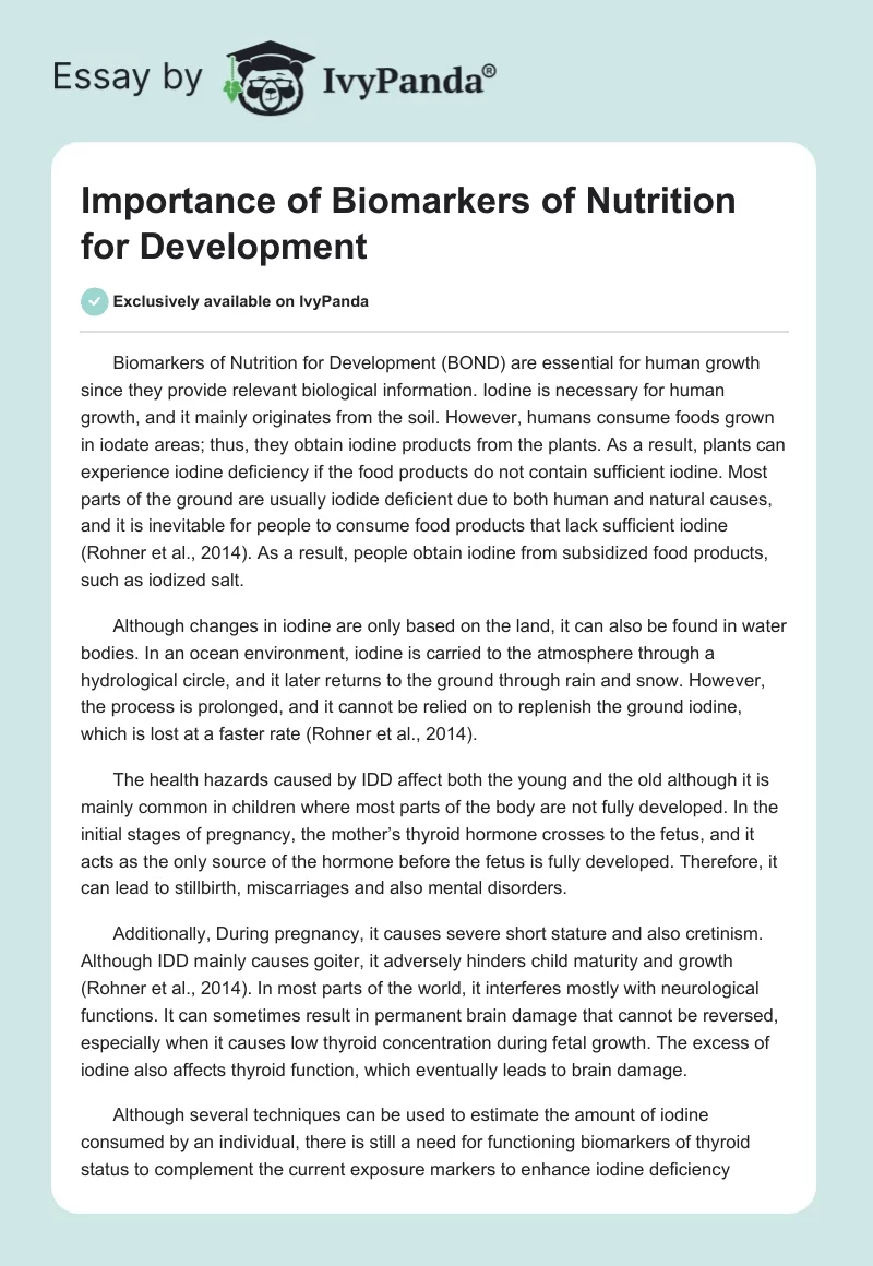 Importance of Biomarkers of Nutrition for Development. Page 1