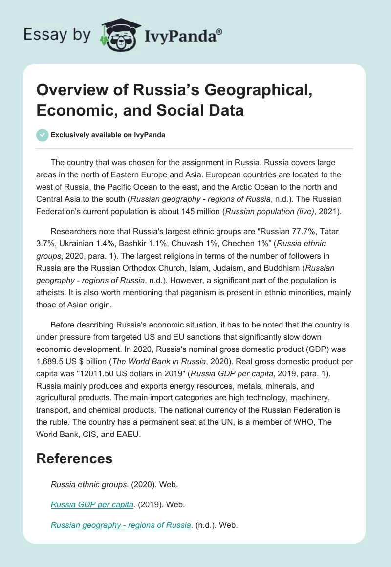 Overview of Russia’s Geographical, Economic, and Social Data. Page 1