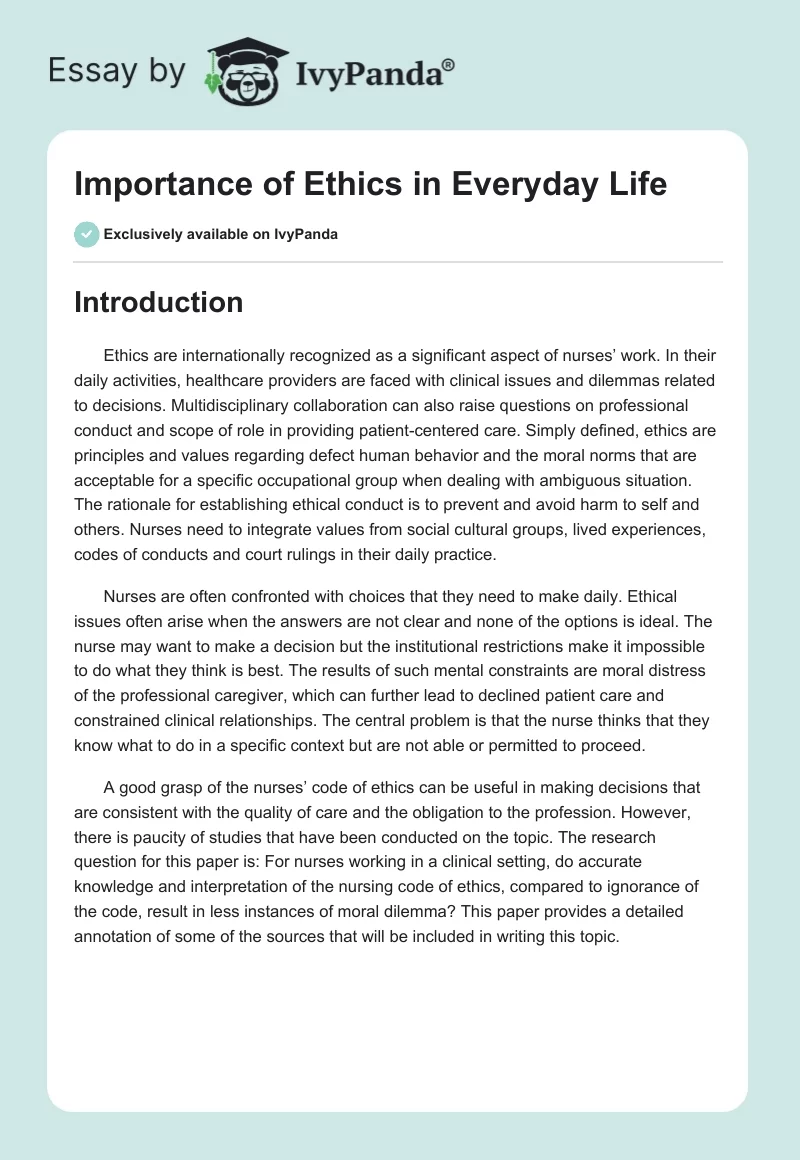 Importance of Ethics in Everyday Life. Page 1