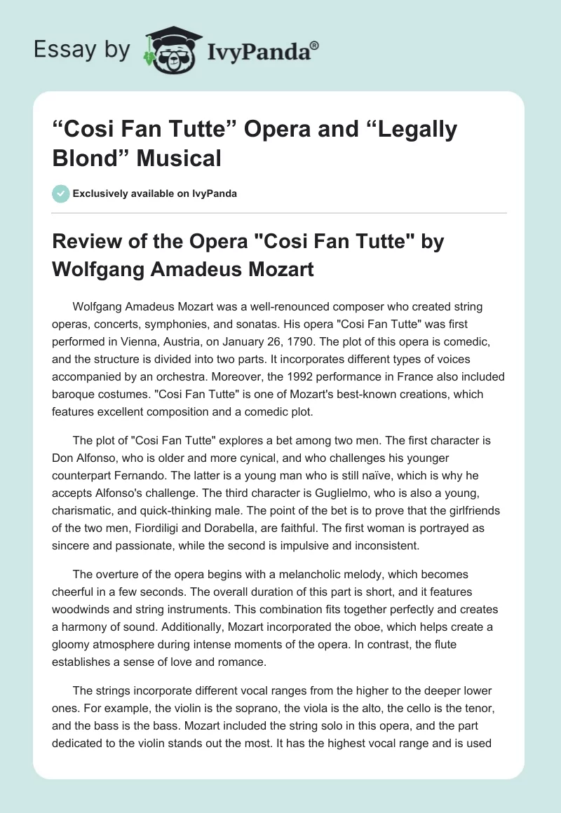 “Cosi Fan Tutte” Opera and “Legally Blond” Musical. Page 1