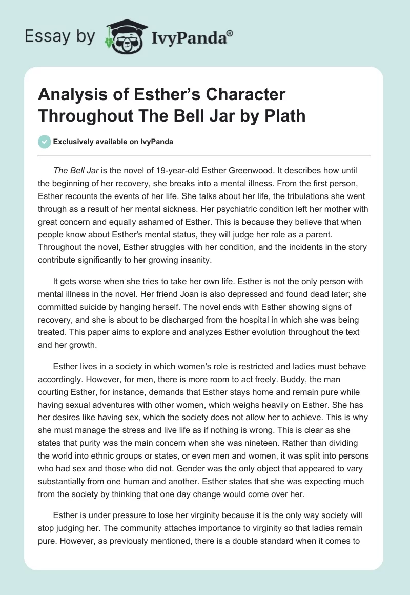 Analysis of Esther’s Character Throughout "The Bell Jar" by Plath. Page 1