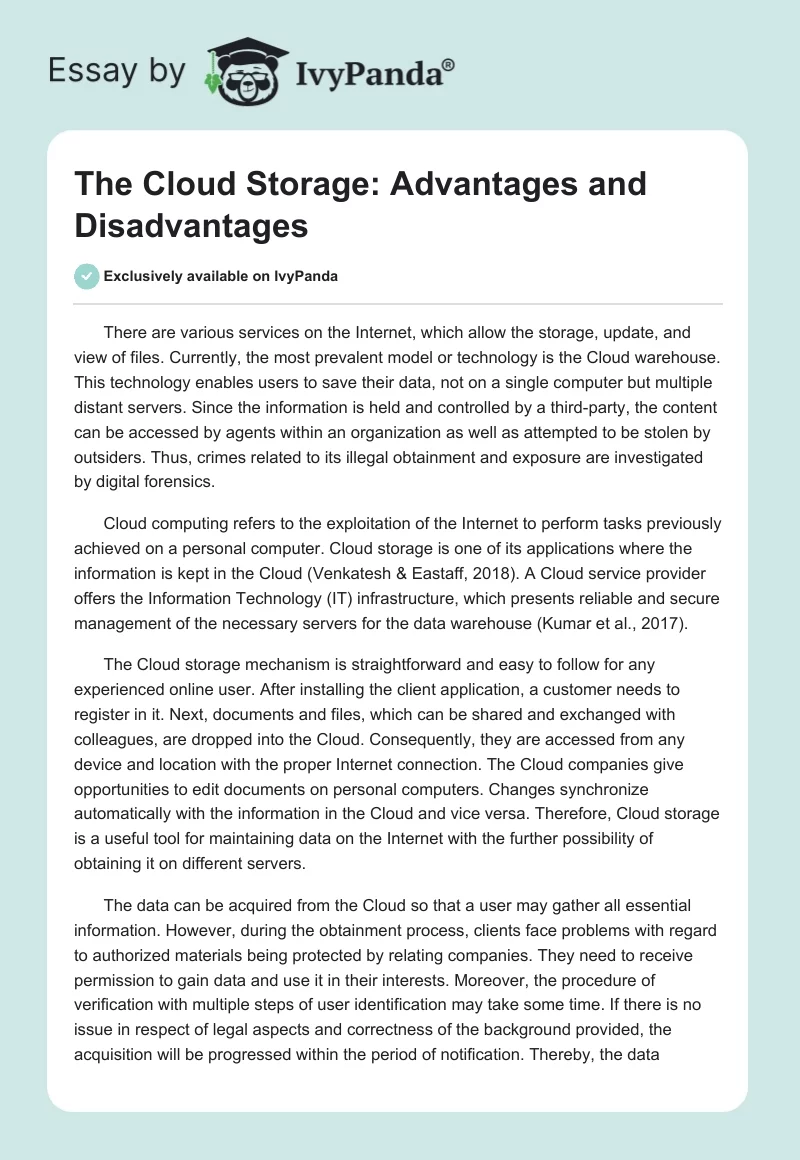 The Cloud Storage: Advantages and Disadvantages. Page 1