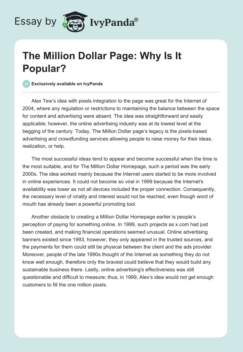 The Million Dollar Page: Why Is It Popular?. Page 1