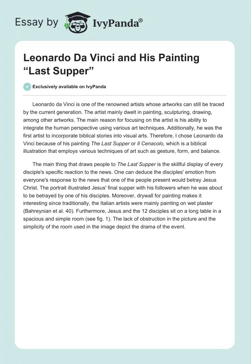 Leonardo Da Vinci and His Painting “Last Supper”. Page 1
