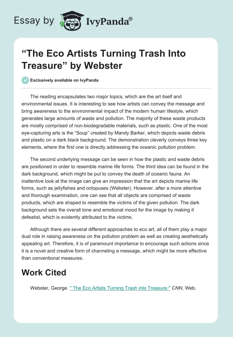 “The Eco Artists Turning Trash Into Treasure” by Webster. Page 1