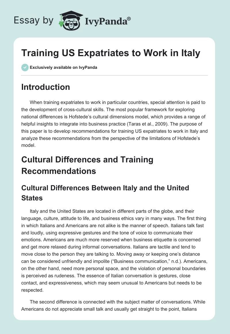 Training US Expatriates to Work in Italy. Page 1