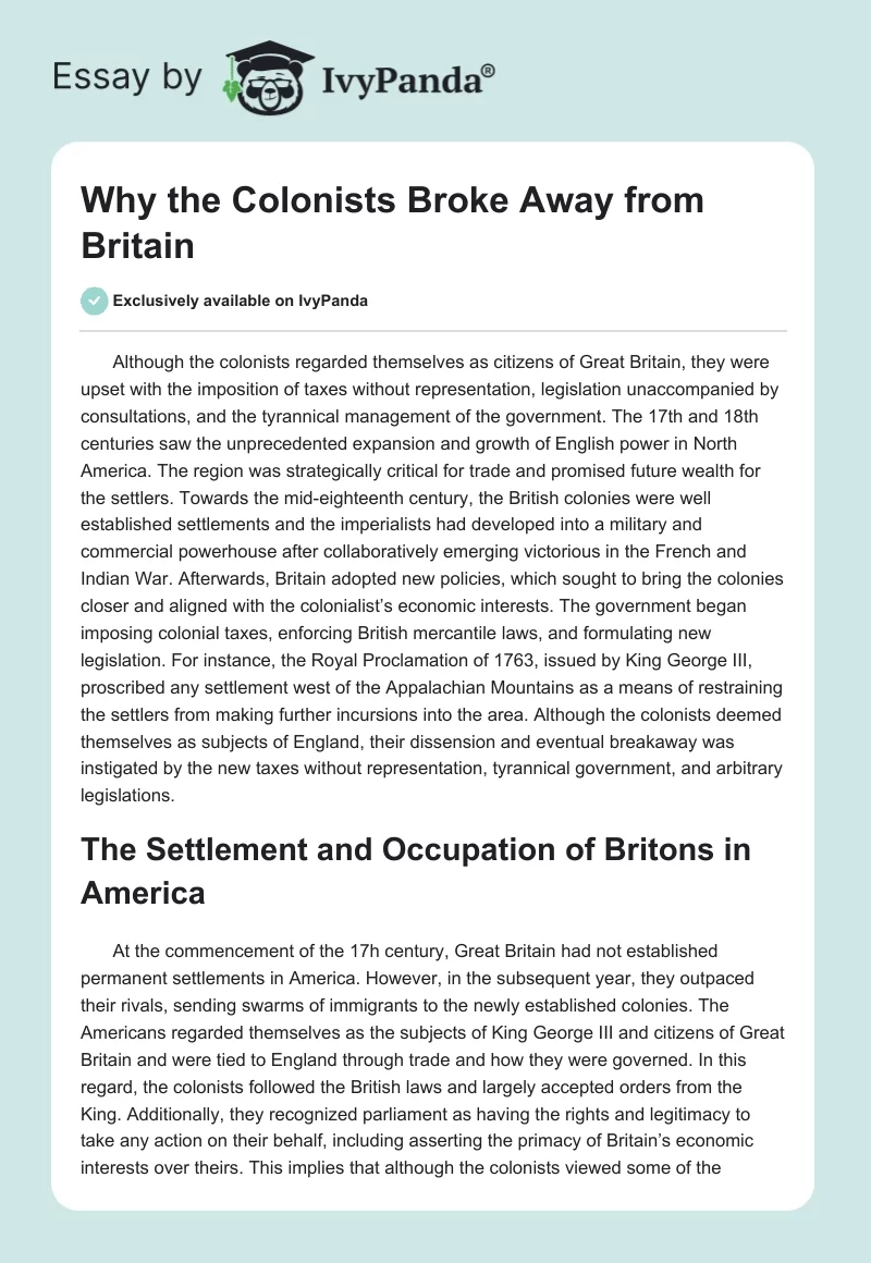 Why the Colonists Broke Away from Britain. Page 1