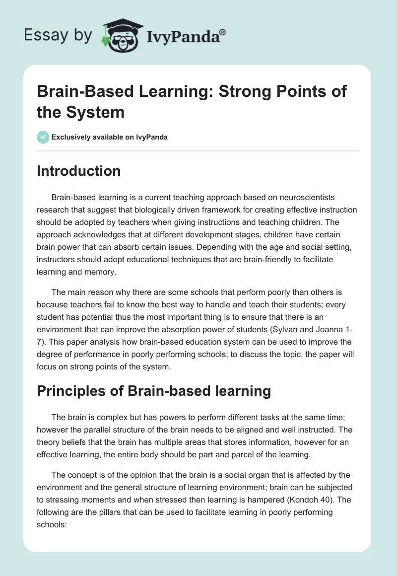 Brain-Based Learning: Strong Points of the System. Page 1