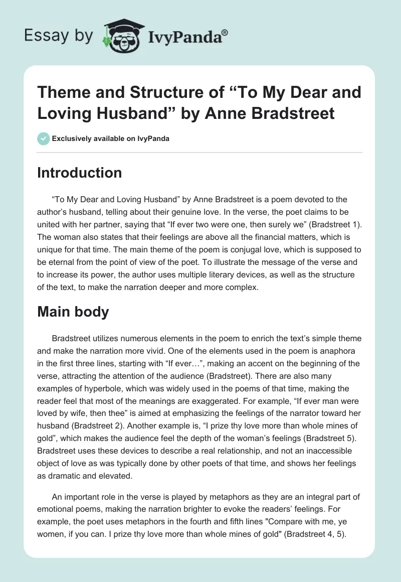 Theme and Structure of “To My Dear and Loving Husband” by Anne Bradstreet. Page 1