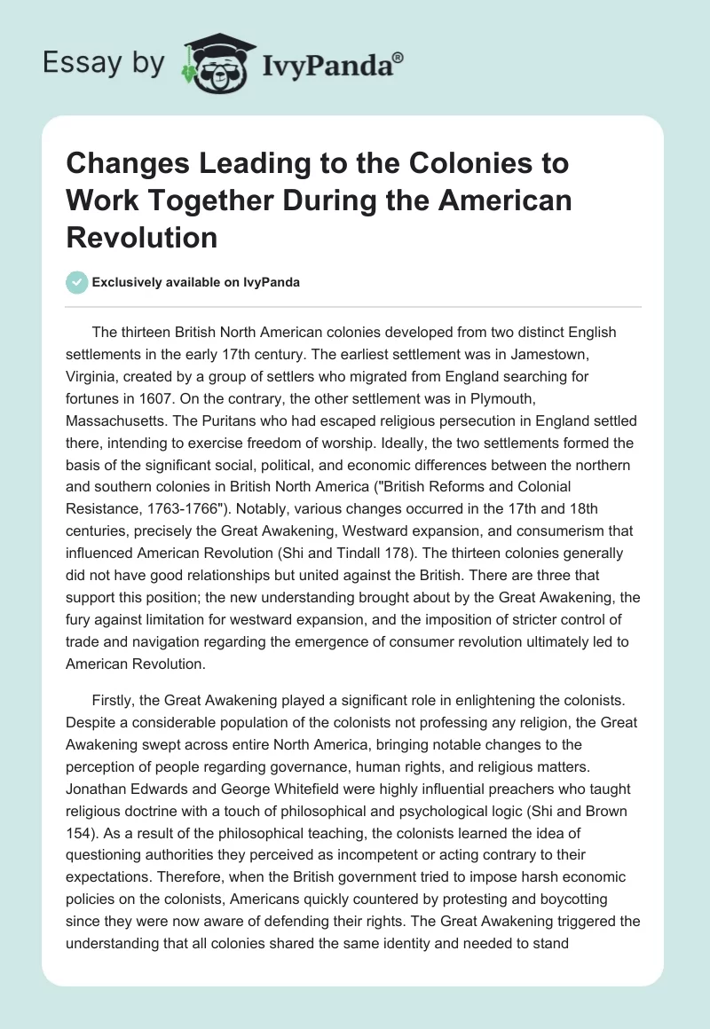 Changes Leading to the Colonies to Work Together During the American Revolution. Page 1