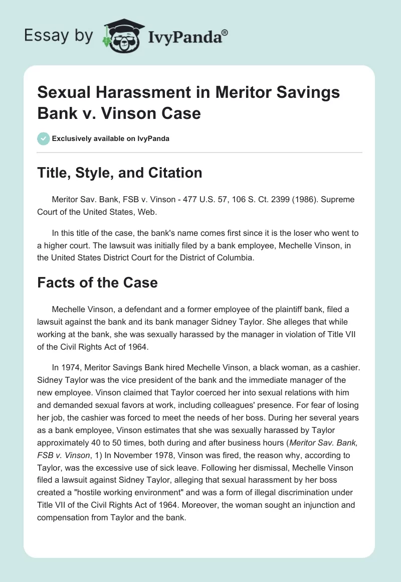 Sexual Harassment in Meritor Savings Bank vs. Vinson Case. Page 1