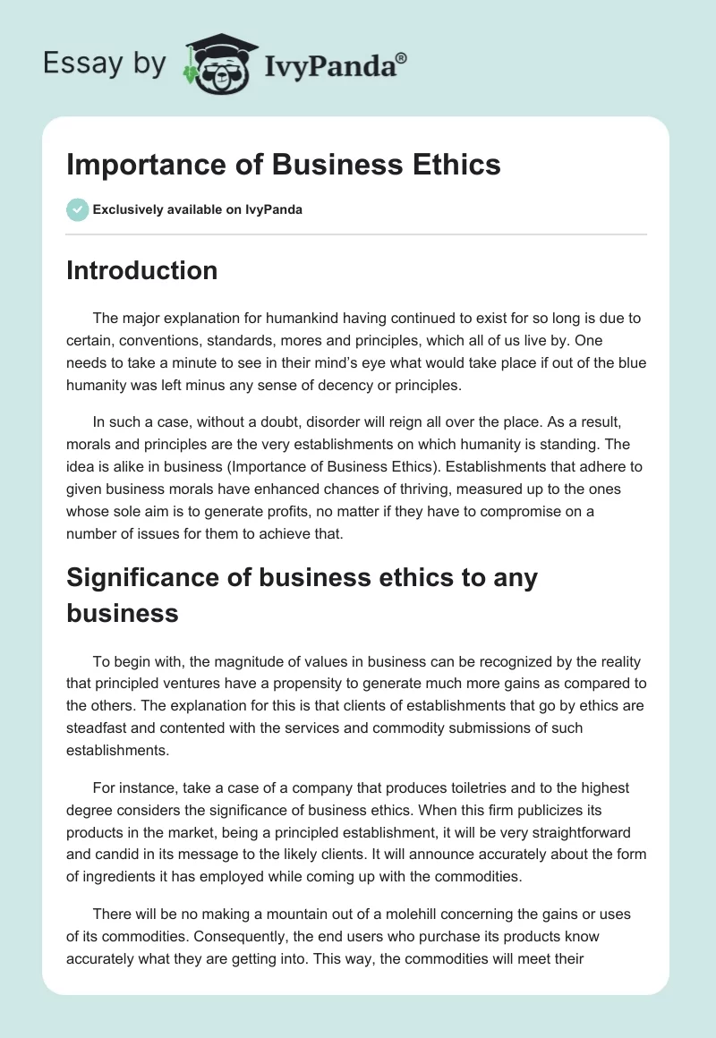 Importance of Business Ethics. Page 1
