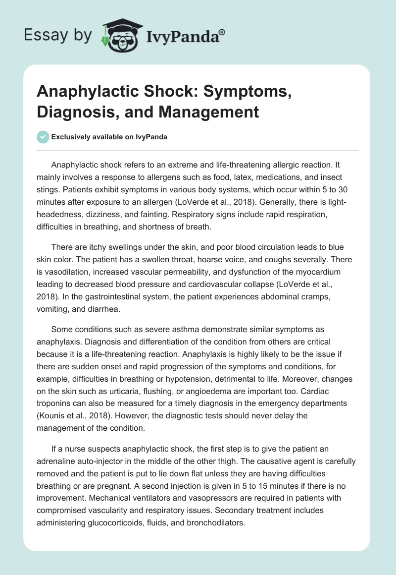 Anaphylactic Shock: Symptoms, Diagnosis, and Management. Page 1