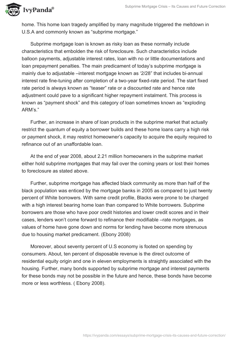 Subprime Mortgage Crisis – Its Causes and Future Correction. Page 2