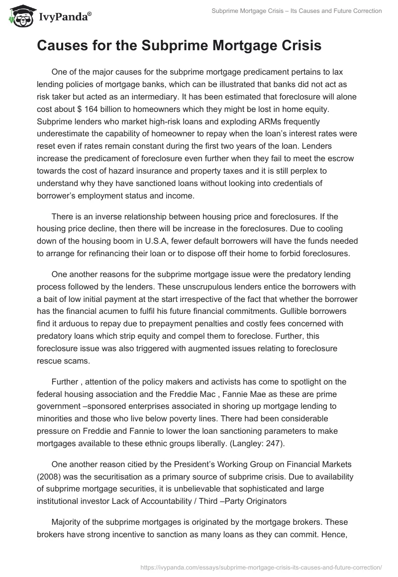 Subprime Mortgage Crisis – Its Causes and Future Correction. Page 3