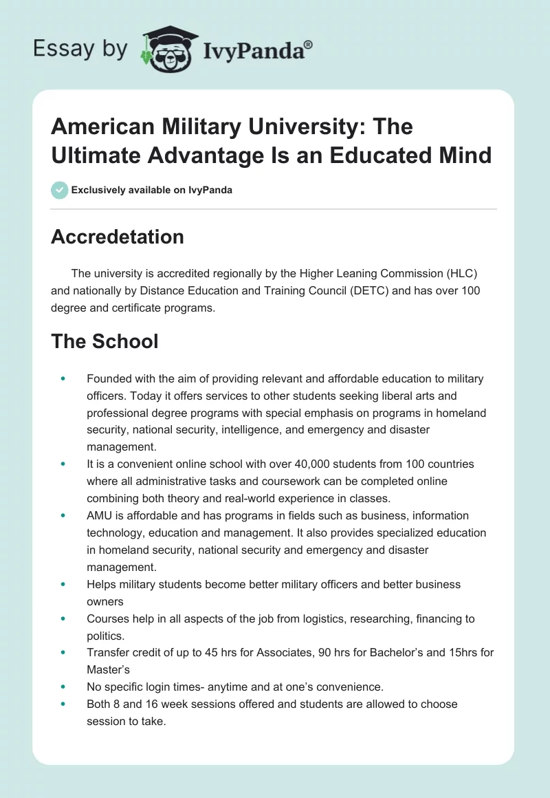 American Military University: The Ultimate Advantage Is an Educated Mind. Page 1