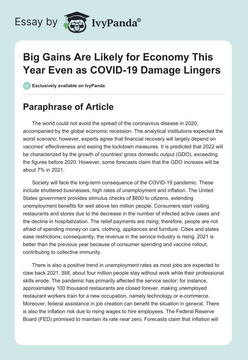 Big Gains Are Likely for Economy This Year Even as COVID-19 Damage Lingers. Page 1