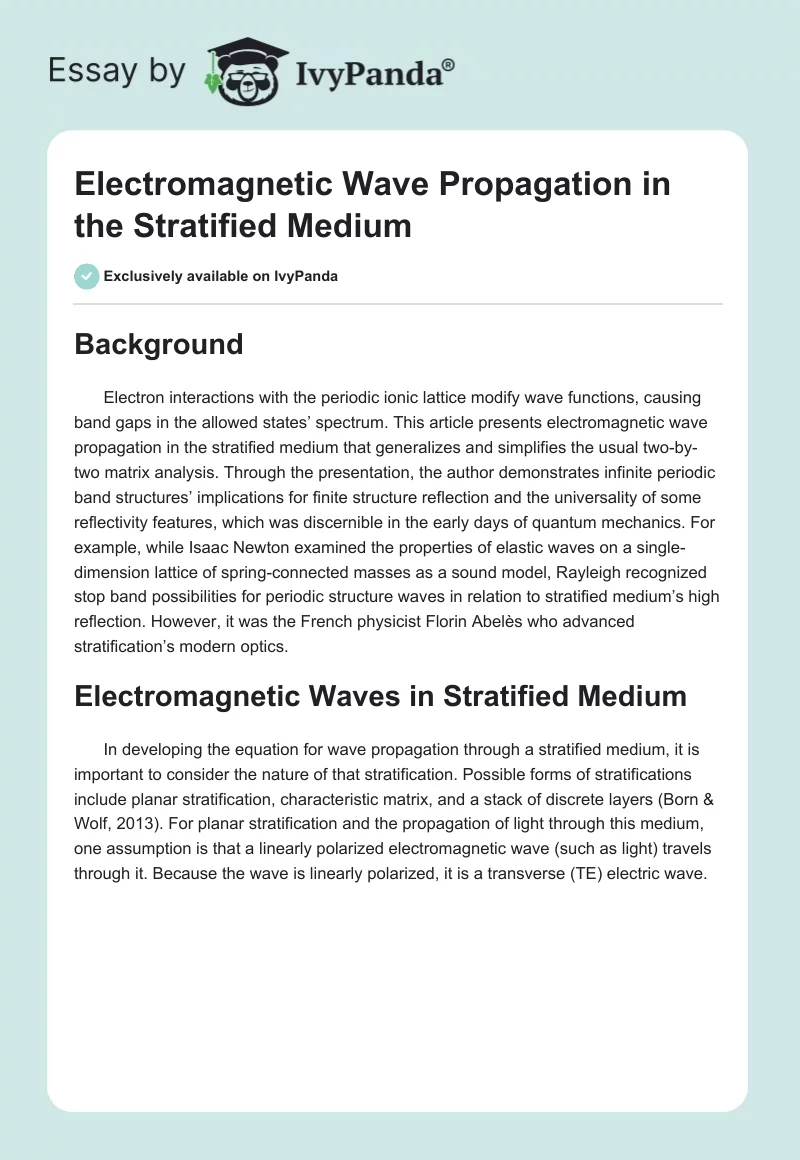 Electromagnetic Wave Propagation in the Stratified Medium. Page 1