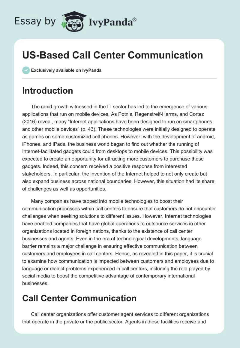 US-Based Call Center Communication. Page 1
