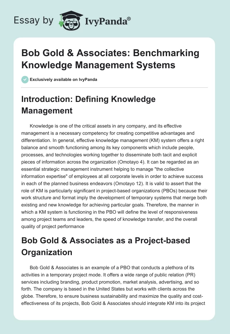 Bob Gold & Associates: Benchmarking Knowledge Management Systems. Page 1