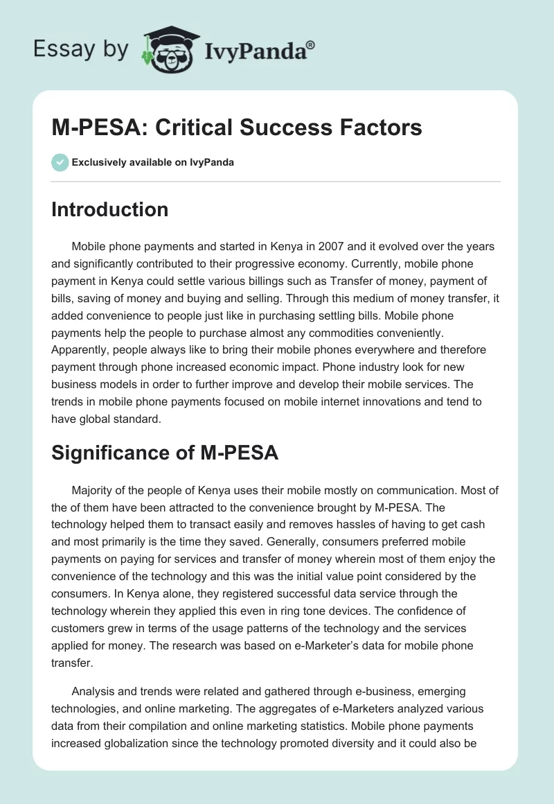 M-PESA: Critical Success Factors. Page 1