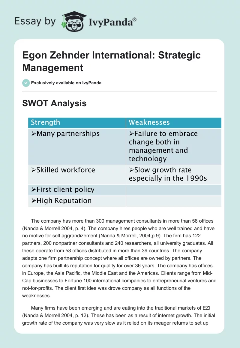 Egon Zehnder International: Strategic Management. Page 1