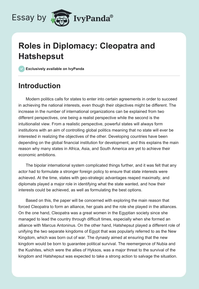 Roles in Diplomacy: Cleopatra and Hatshepsut. Page 1