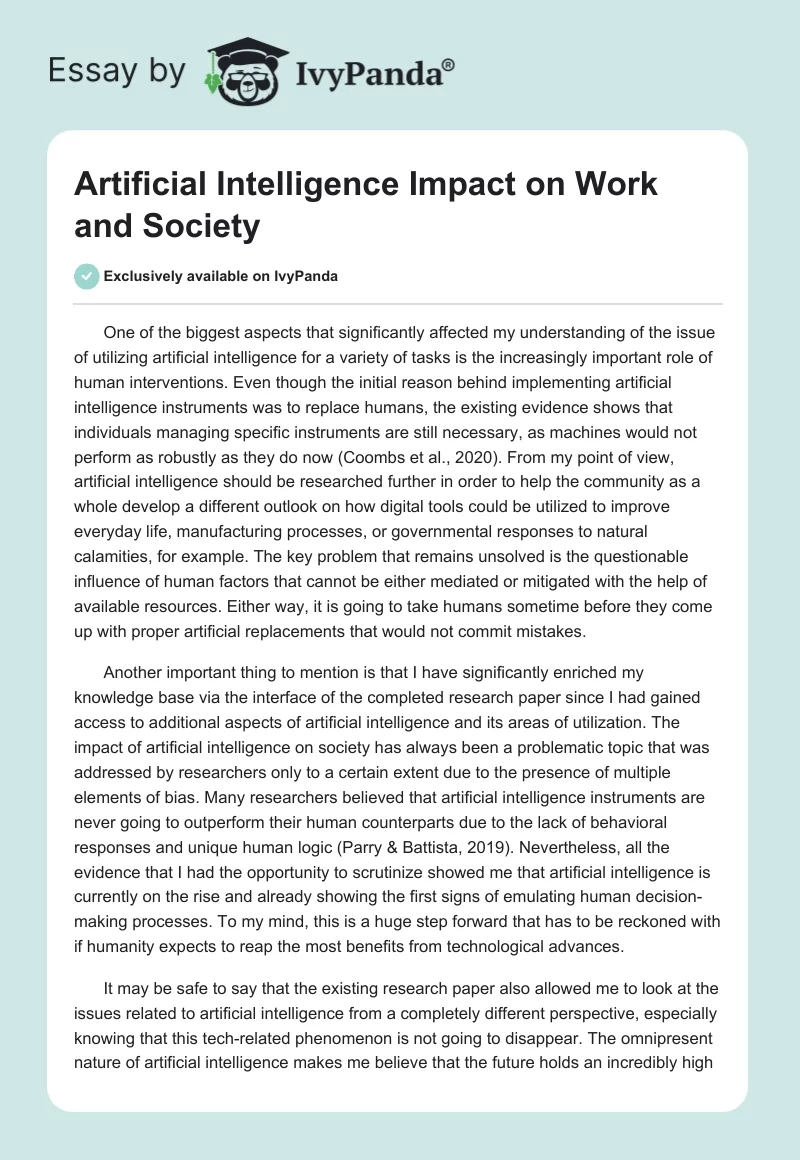 Artificial Intelligence Impact on Work and Society. Page 1
