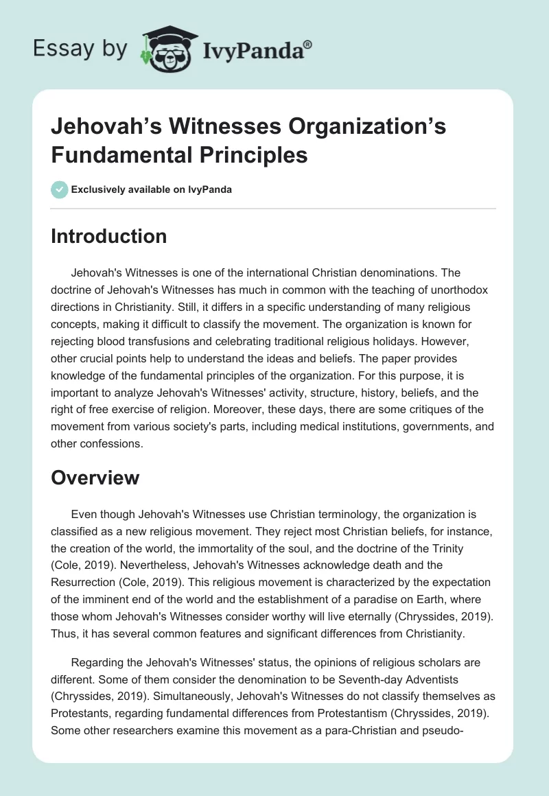 Jehovah’s Witnesses Organization’s Fundamental Principles. Page 1