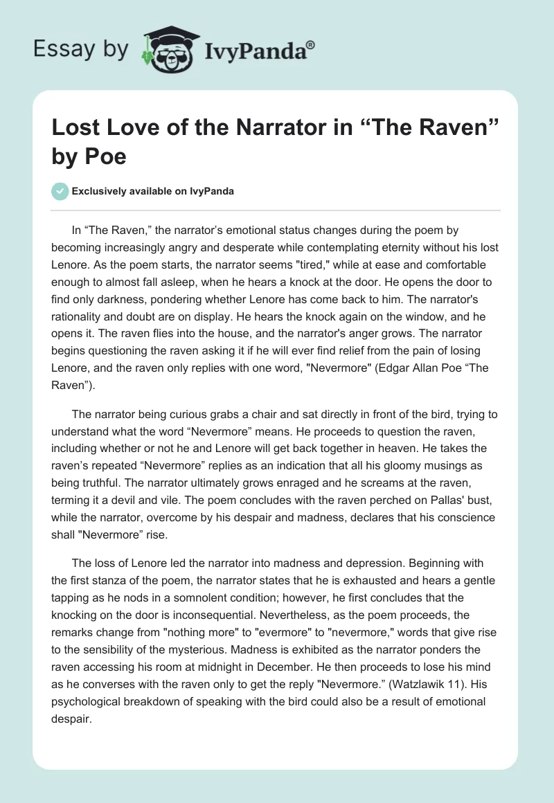 Lost Love of the Narrator in “The Raven” by Poe. Page 1