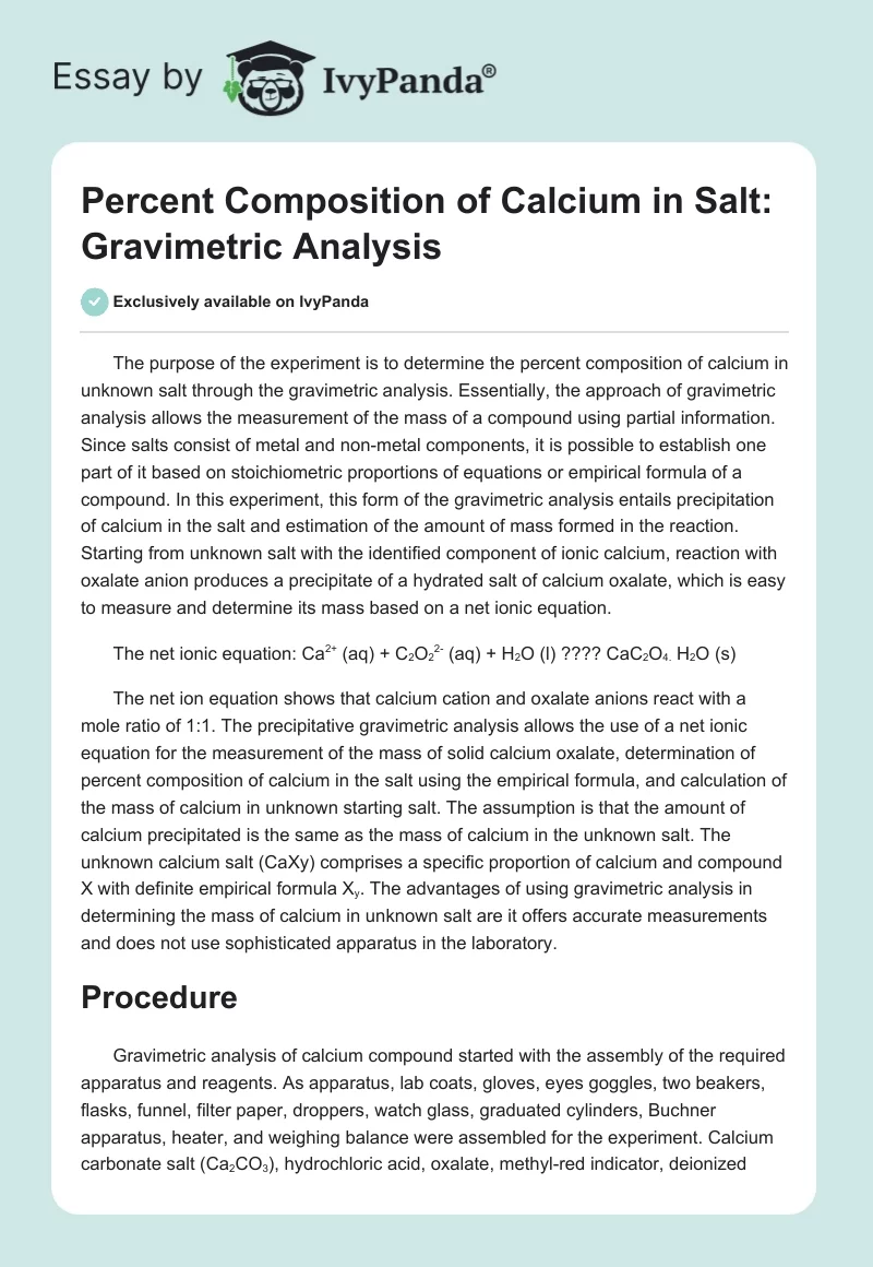 Percent Composition of Calcium in Salt: Gravimetric Analysis. Page 1