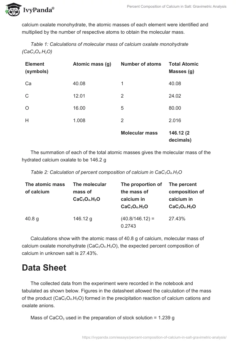 Percent Composition of Calcium in Salt: Gravimetric Analysis. Page 3