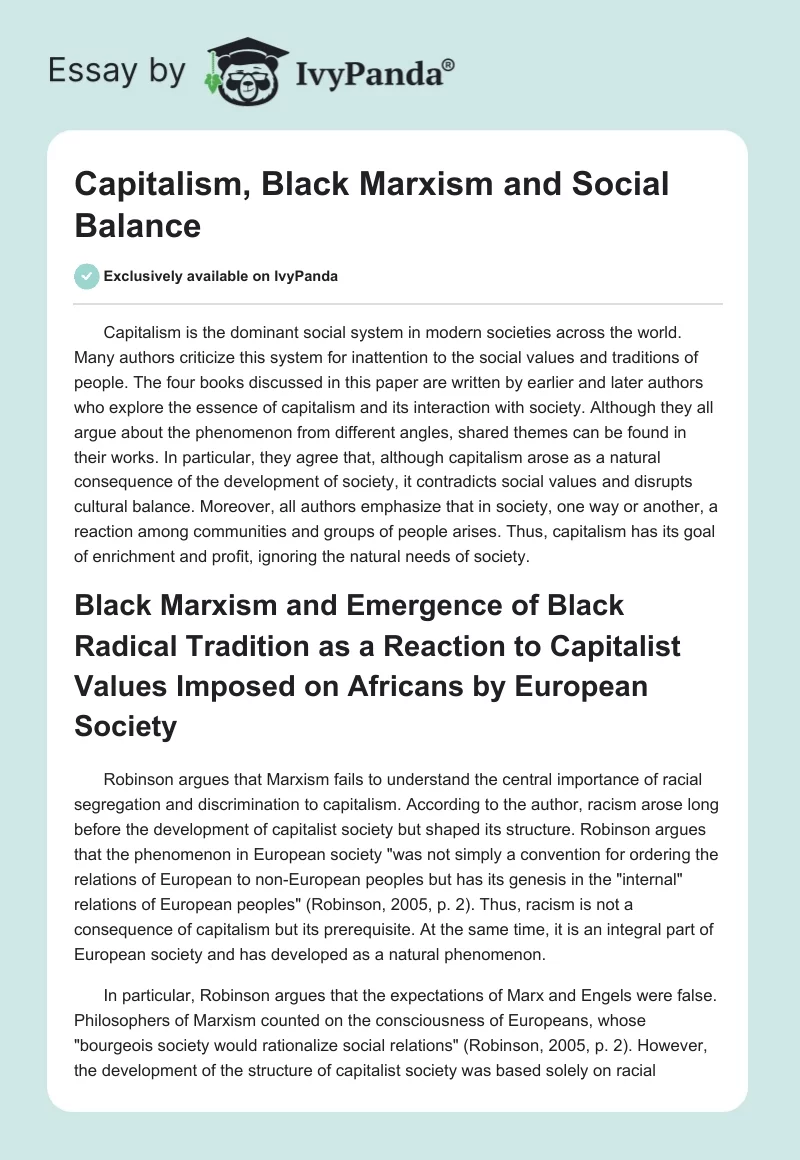 Capitalism, Black Marxism and Social Balance. Page 1