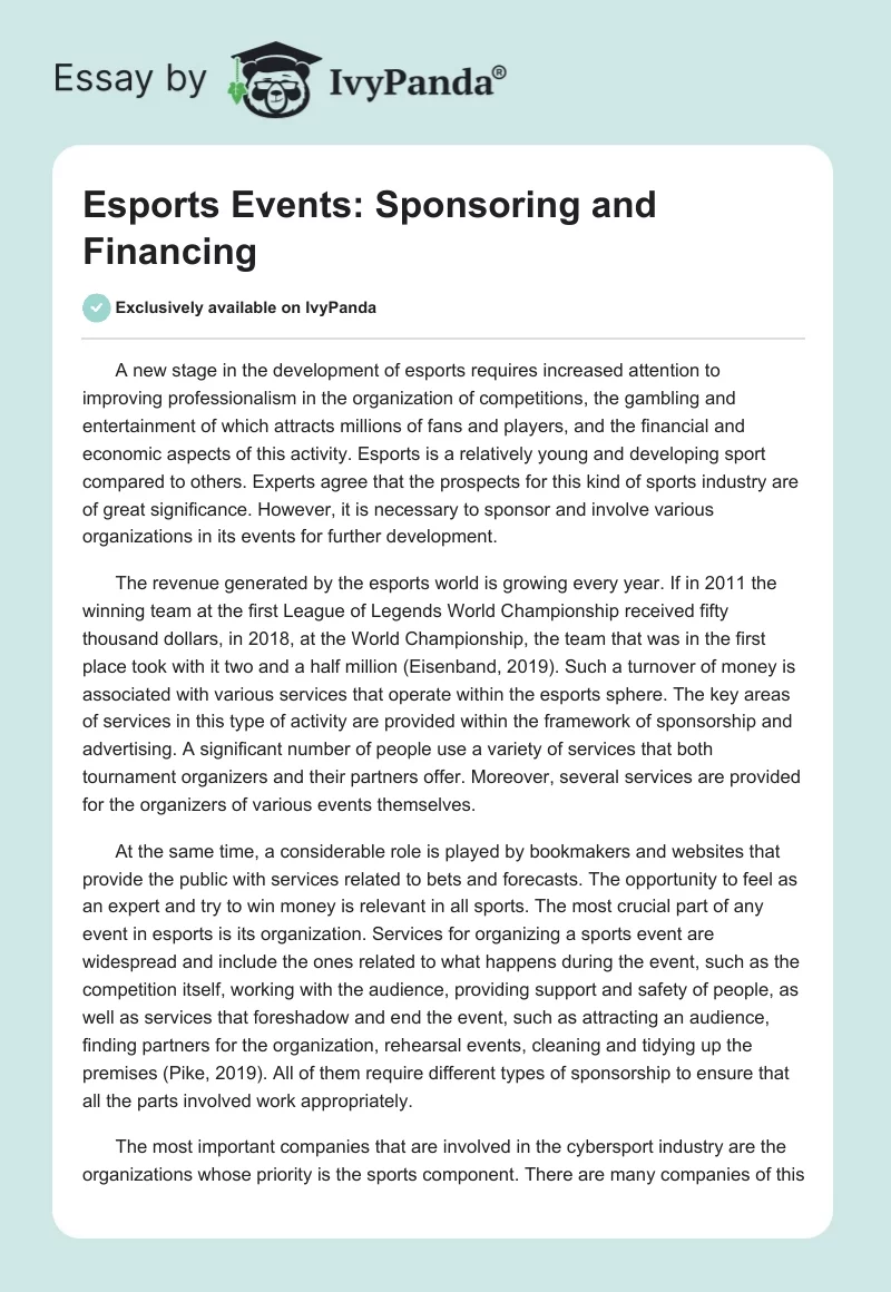 Esports Events: Sponsoring and Financing. Page 1