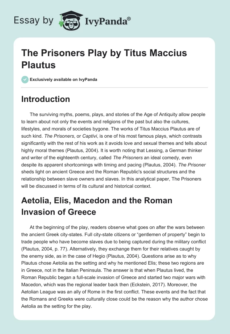 "The Prisoners" Play by Titus Maccius Plautus. Page 1