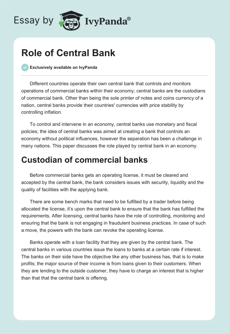 Role of Central Bank. Page 1